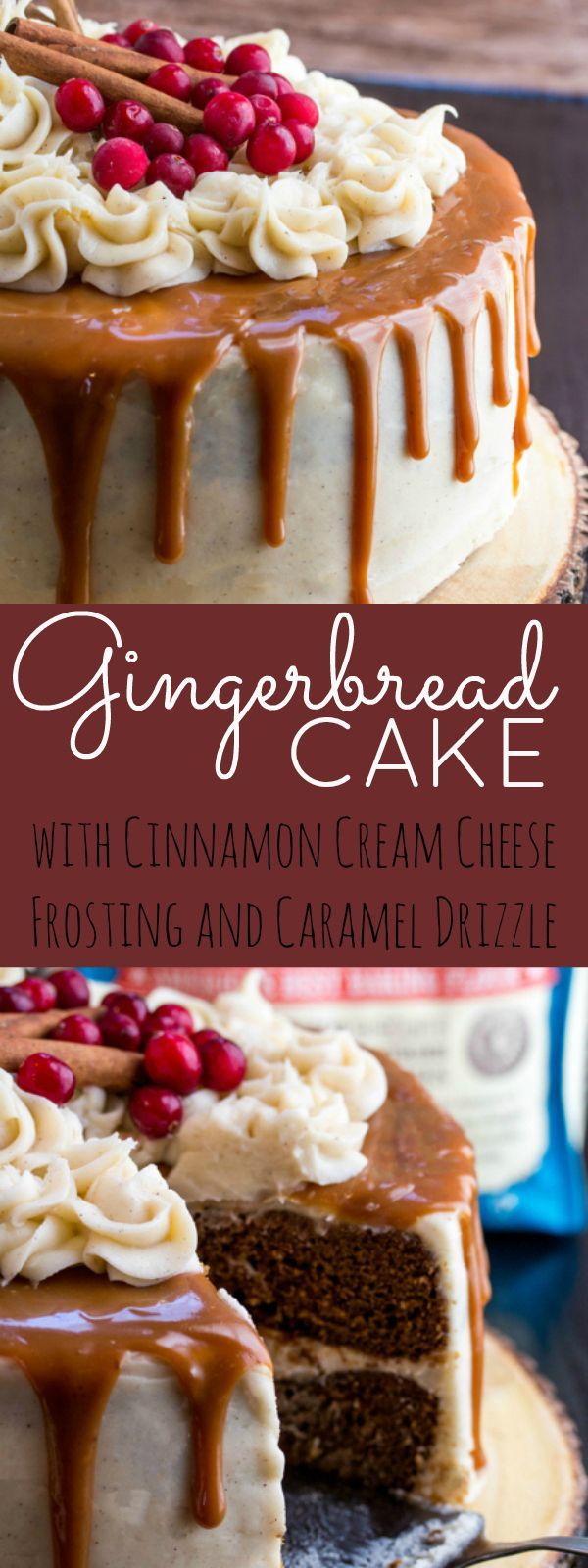 Gingerbread Cake with Cinnamon Cream Cheese Frosting and Caramel Drizzle