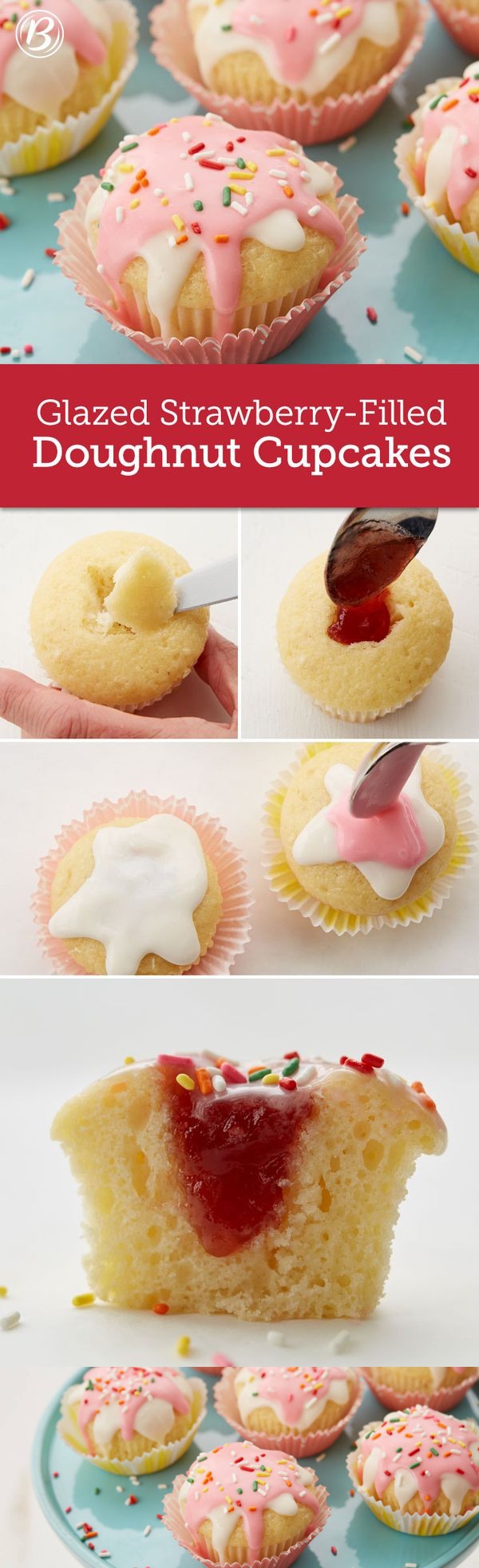 Glazed Strawberry-Filled Doughnut Cupcakes