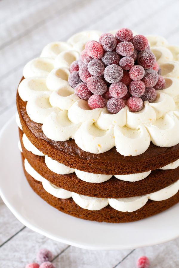 Gluten free vegan gingerbread layer cake with sugared cranberries