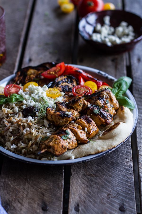 Greek Chicken Souvlaki and Rice Pilaf Plates w/Marinated Veggies + Feta Tzatziki