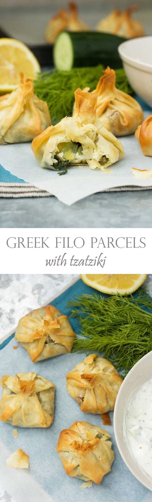 Greek filo parcels with tzatziki