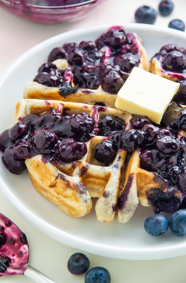 Greek Yogurt Blueberry Waffles with Fresh Blueberry Sauce