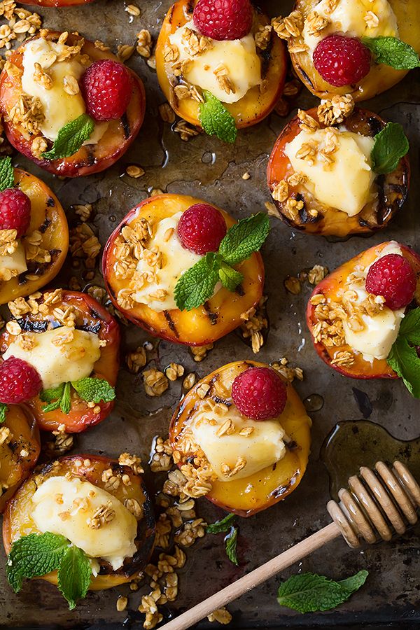 Grilled Peaches with Vanilla Bean Mascarpone, Honey and Granola