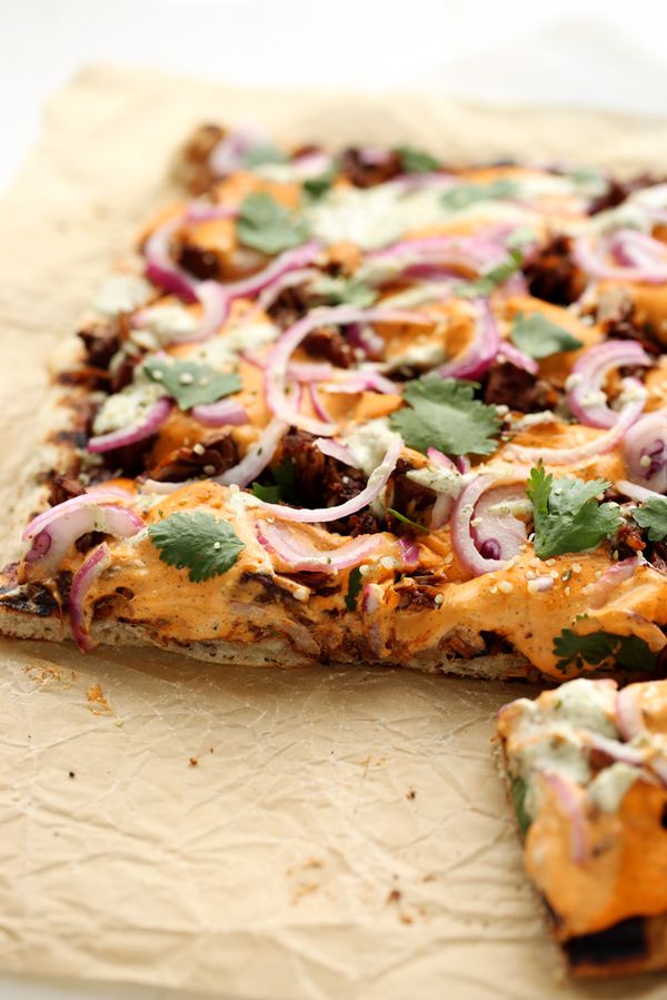 Grilled Vegan BBQ Jackfruit Pizza with Hemp Seed Cheddar