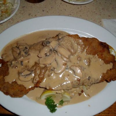 Jagerschnitzel (German pan fried pork cutlets in mushroom gravy