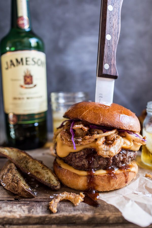 Jameson Whiskey Blue Cheese Burger with Guinness Cheese Sauce + Crispy Onions