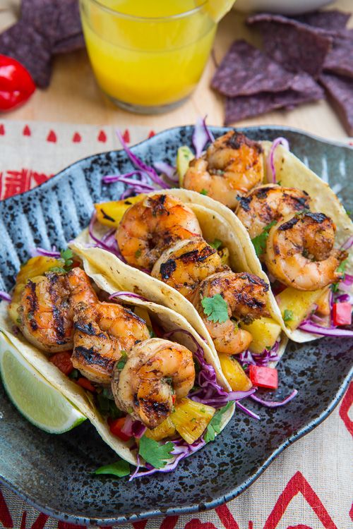 Jerk Shrimp Tacos with Pineapple Salsa, Slaw and Pina Colada Crema