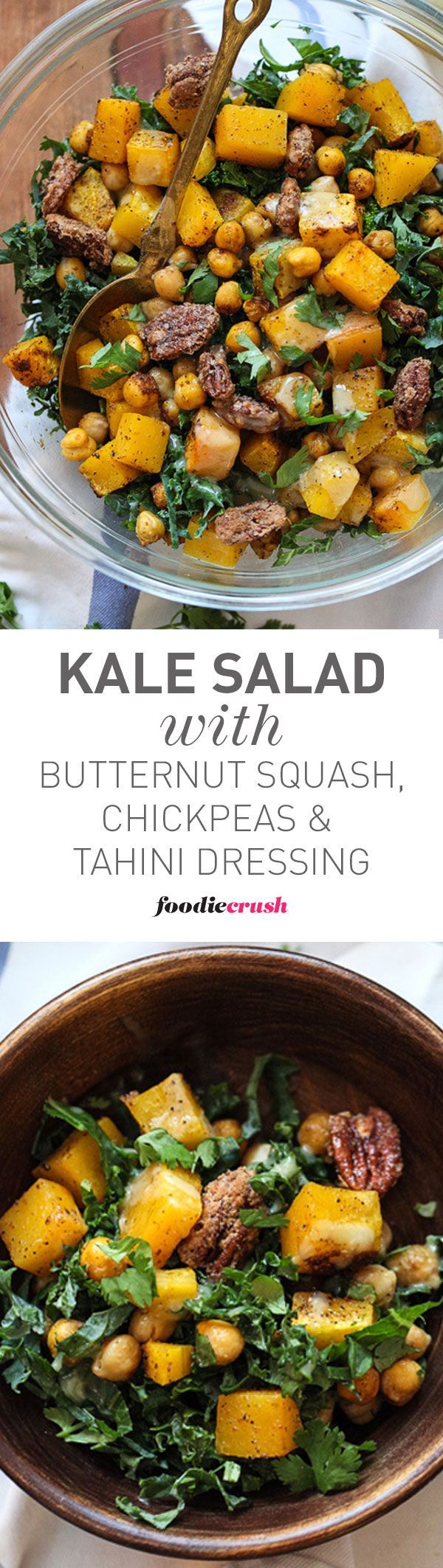 Kale Salad with Butternut Squash, Chickpeas and Tahini Dressing