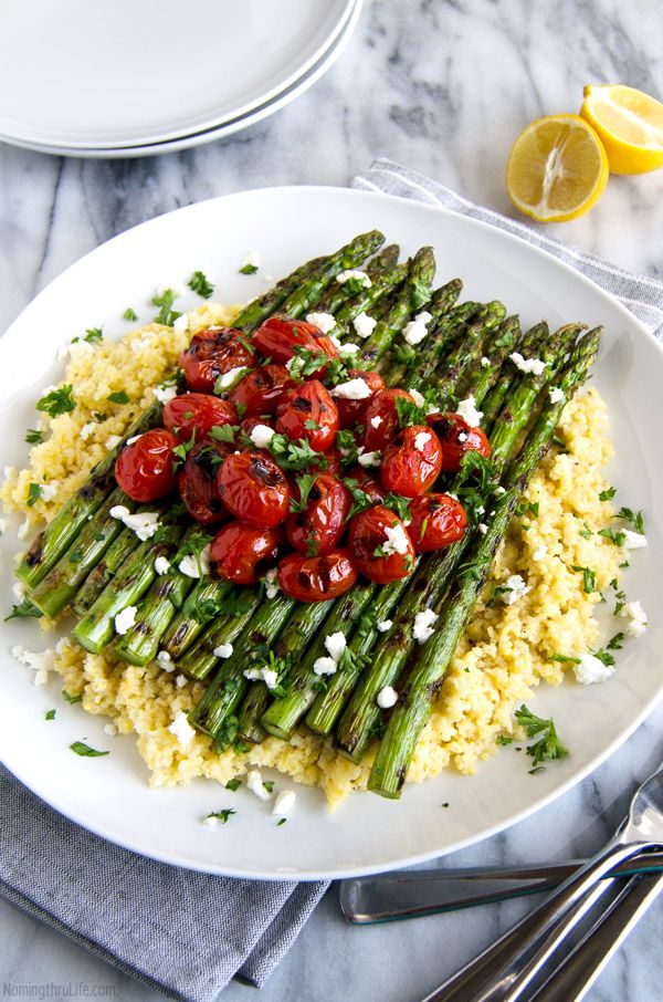 Lemon Millet with Grilled Asparagus and Blistered Tomatoes