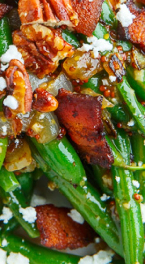 Maple Dijon Green Beans with Bacon, Candied Pecans and Goat Cheese