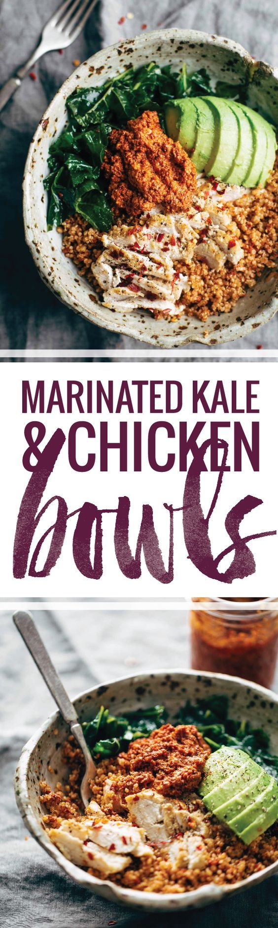 Marinated Kale and Chicken Bowls with Sun Dried Tomato Sauce