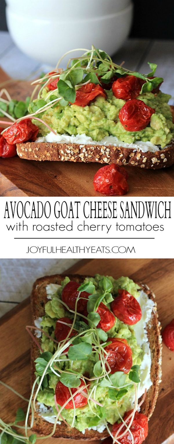 Mashed Avocado Goat Cheese Sandwich with roasted cherry tomatoes