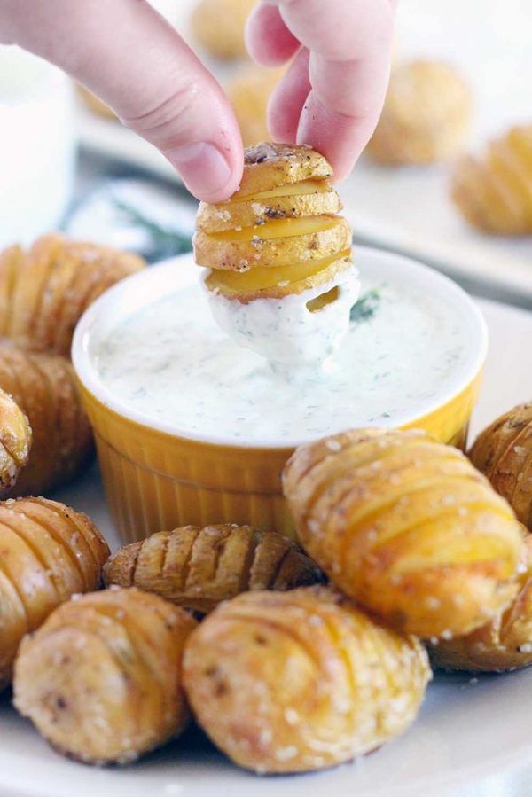 Mini Hasselback Potatoes with Creamy Dill Dip