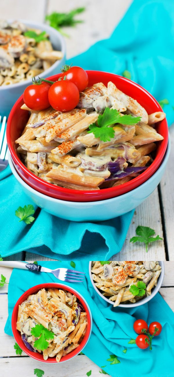 Mushroom Pasta with Avocado and Tahini Sauce