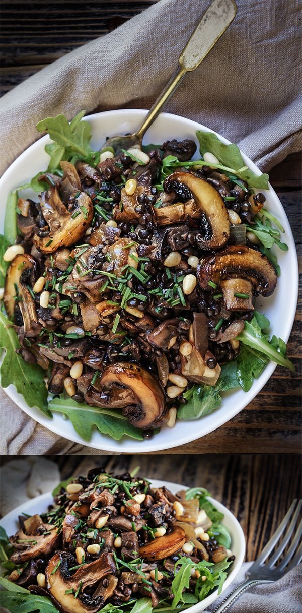 Mushroom salad with lentils and caramelized onions