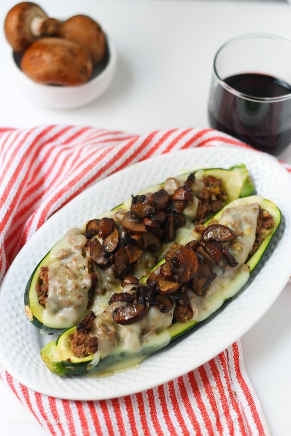 Mushroom Swiss Burger Stuffed Zucchini Boats