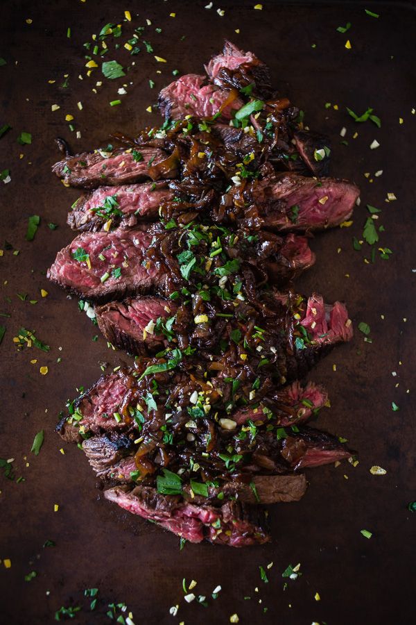 Newcastle Brown Ale Marinated Hanger Steak with Newcastle-Caramelized Onions