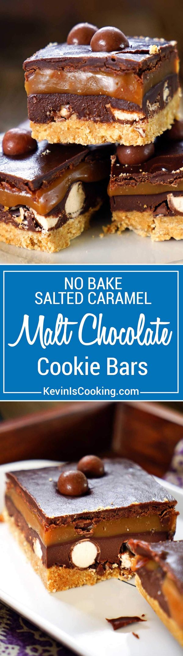 No Bake Salted Caramel Malted Chocolate Cookie Bars