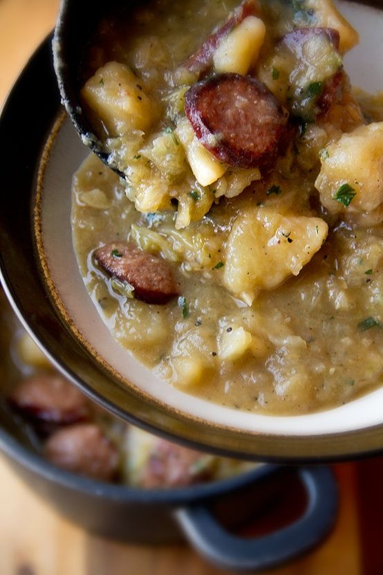 Oktoberfest Lager Stew with Sausage, Potatoes, Caramelized Onions and Golden Cabbage