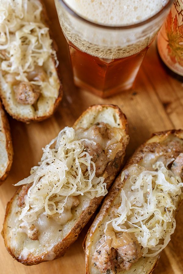 Oktoberfest Potato Skins stuffed with Bratwurst Sausage, Beer-Caramelized Onions and Sauerkraut