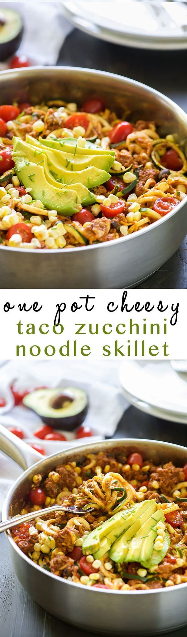 One Pot Cheesy Taco Zucchini Noodle Skillet