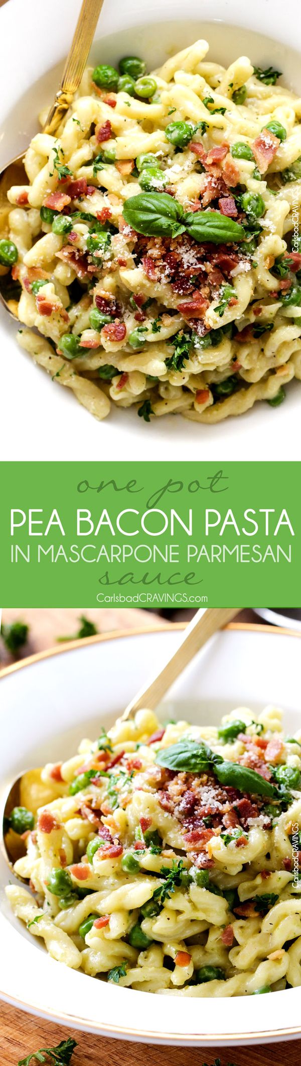 One Pot Pea and Bacon Pasta in Mascarpone Parmesan Sauce