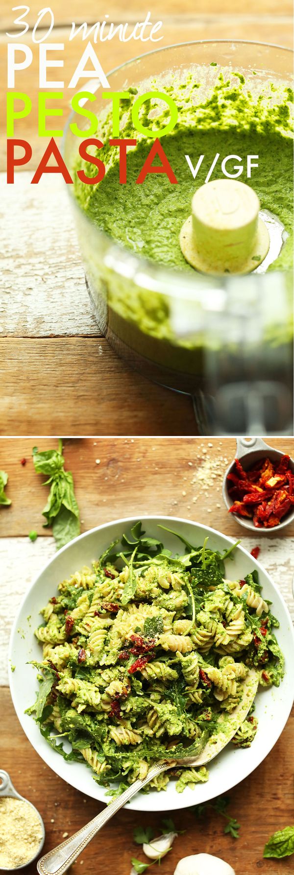 Pea Pesto Pasta with Sun-Dried Tomatoes & Arugula (Vegan + GF