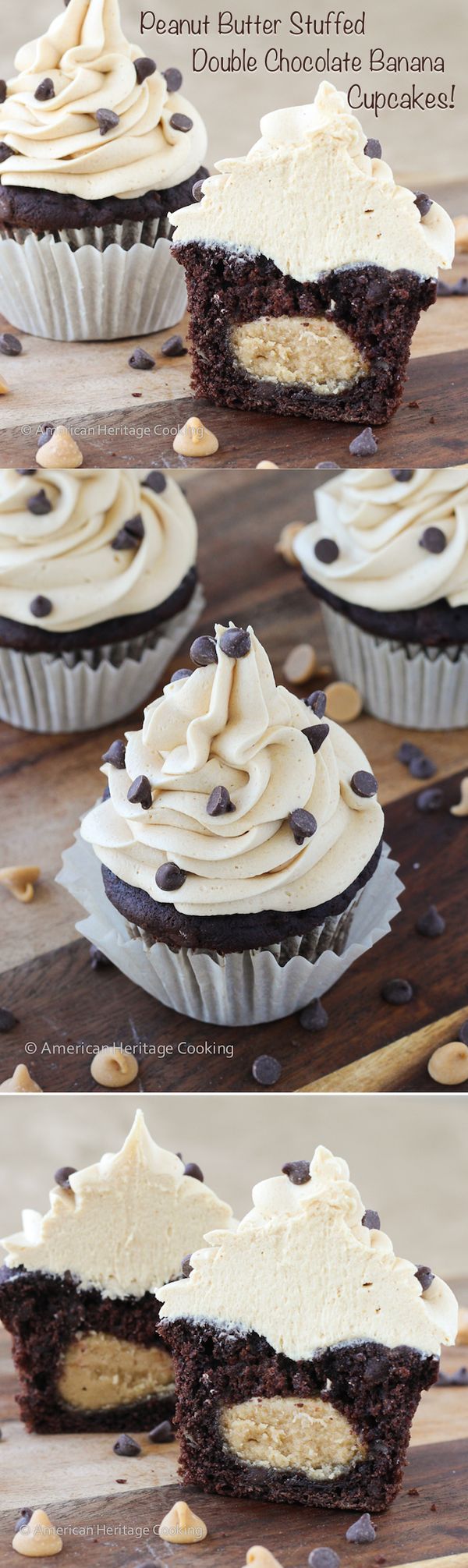 Peanut Butter Stuffed Double Chocolate Banana Cupcakes with Peanut Butter Frosting