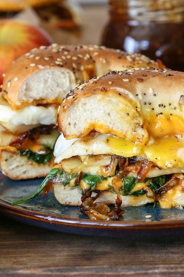 Pear Apple Cheddar Caramelized Onion Grilled Cheese Bagel Sandwich