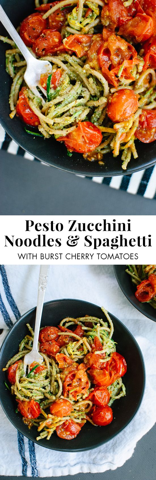 Pesto Squash Noodles and Spaghetti with Burst Cherry Tomatoes