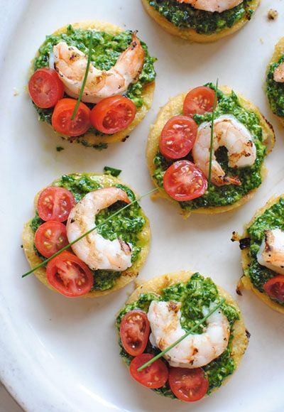 Polenta Bruschetta with Shrimp and Spinach Pesto