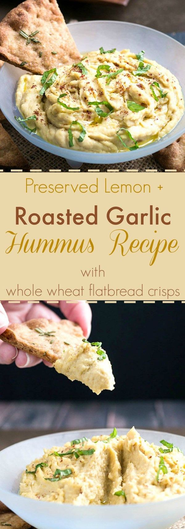 Preserved Lemon + Roasted Garlic Hummus with Flatbread Crisps