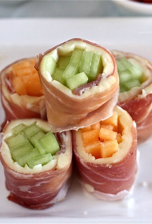 Prosciutto “Sushi” Rolls with Melon and Brie