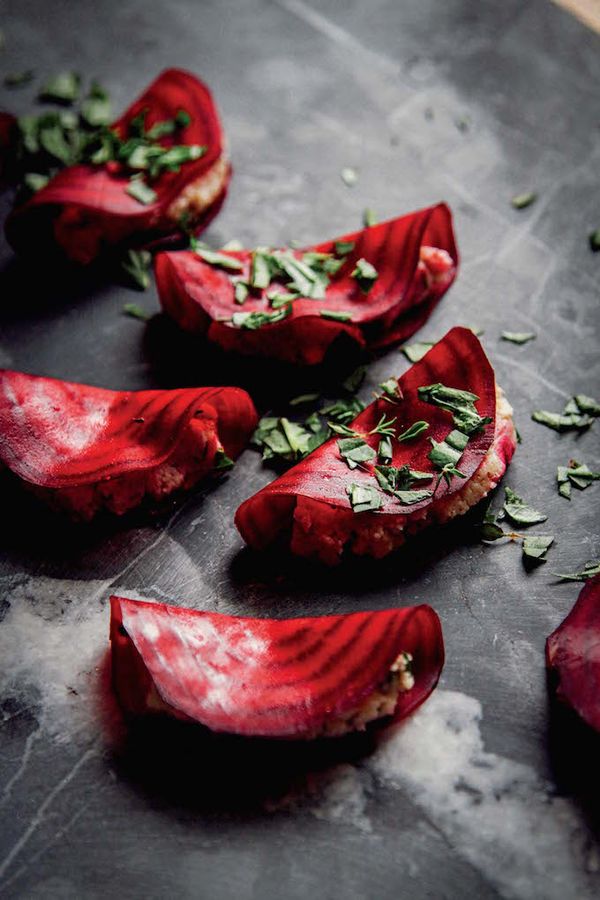 Raw Beet Ravioli with Almond Thyme Pâté + Basil