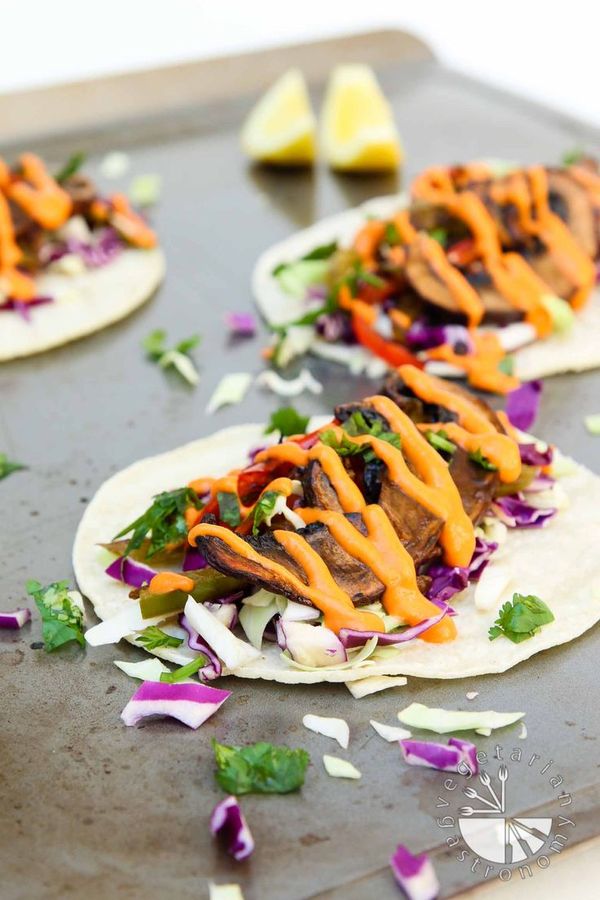 Roasted Balsamic Portobello Tacos with Spicy Red Pepper Sauce