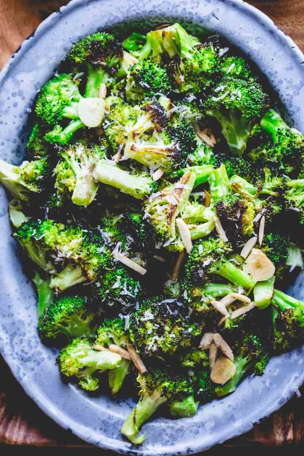 Roasted broccoli with asiago, garlic and almonds