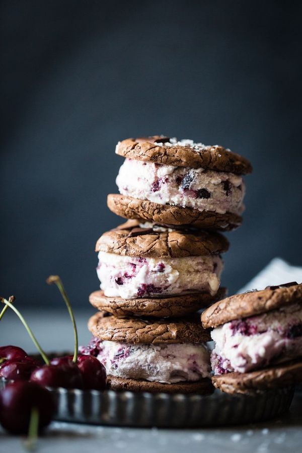 Roasted Cherry Ice Cream Sandwiches with Salted Double Chocolate Buckwheat Cookies from Alternative Baker (gluten-free