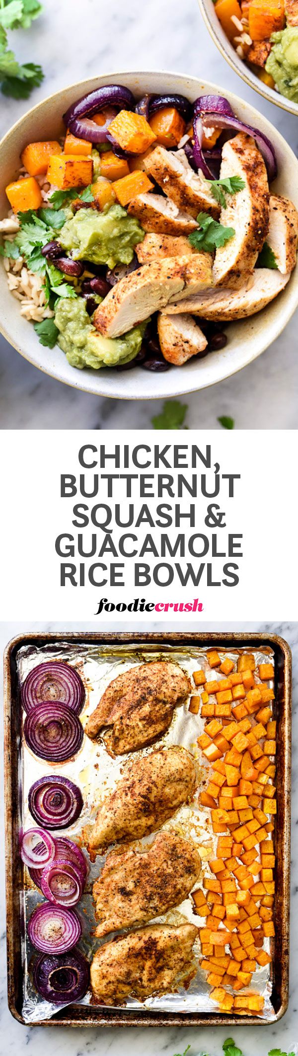 Roasted Chicken, Butternut Squash and Guacamole Rice Bowls