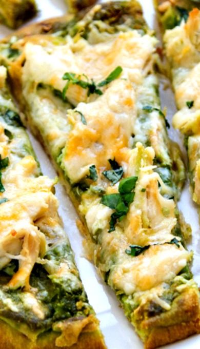 Roasted garlic & pesto chicken flatbreads