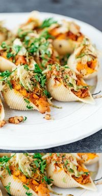 Roasted Squash Conchiglie with Chipotle, Brussels Sprouts and Walnuts