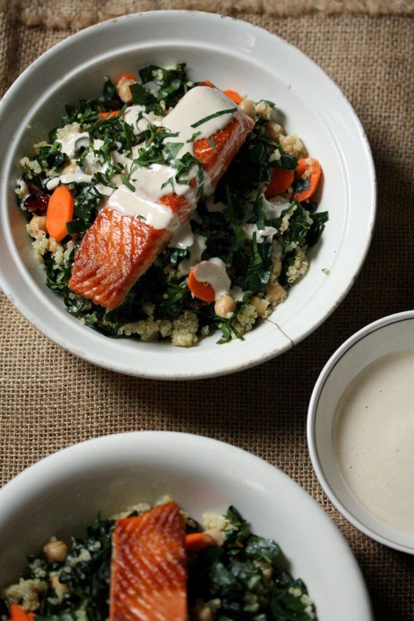 Salmon and Quinoa Bowls with Kale and Tahini-Yogurt Sauce