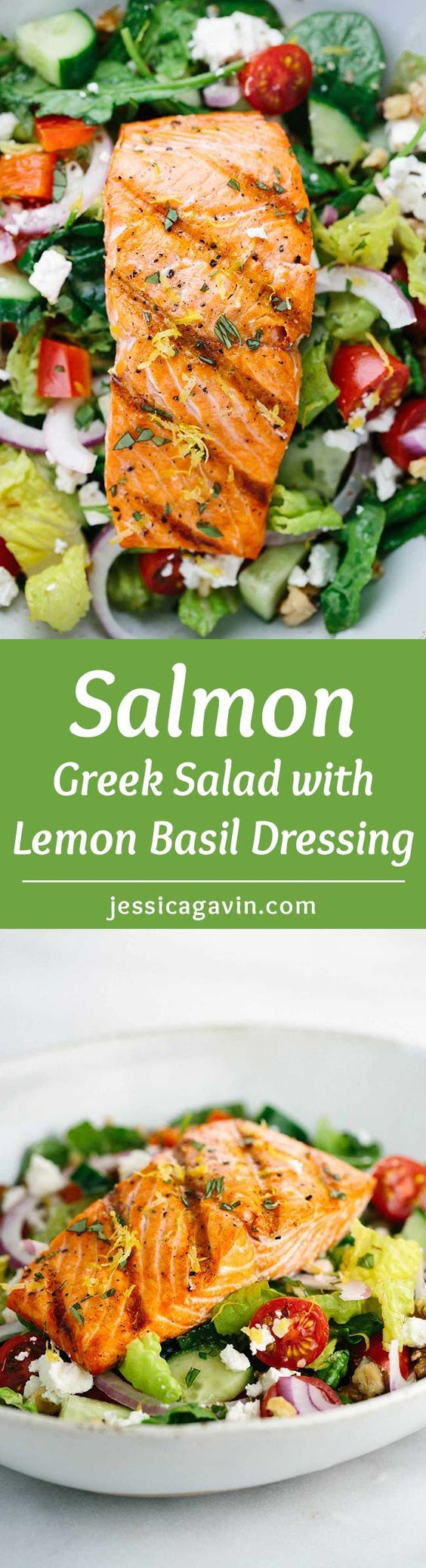 Salmon Greek Salad with Lemon Basil Dressing