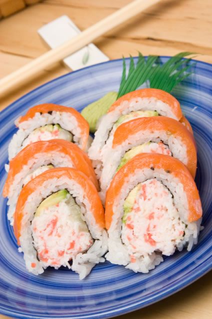 Salmon Topped Crab and Avocado Sushi