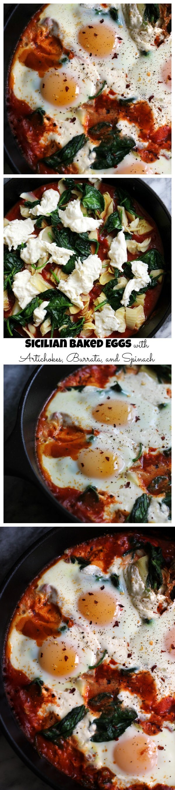 Sicilian Baked Eggs with Artichokes, Burrata, Spinach, and Spicy Tomato Sauce