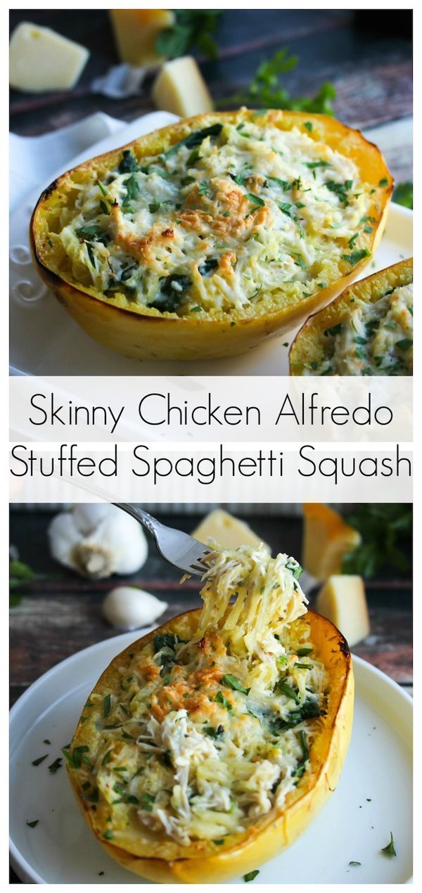 Skinny Chicken Alfredo Stuffed Spaghetti Squash