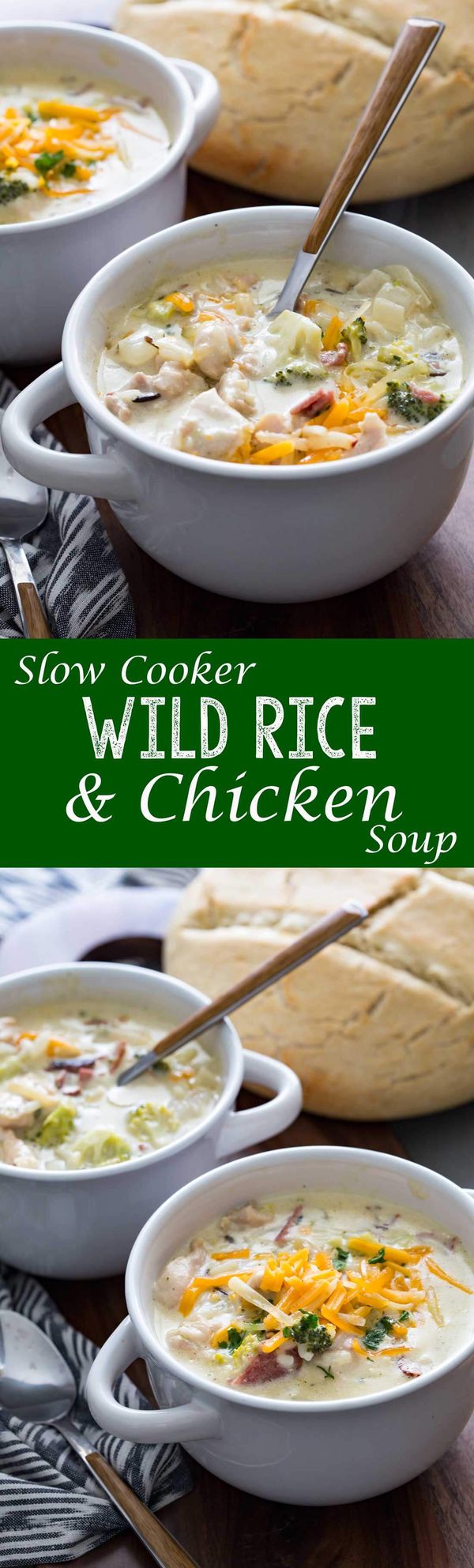 Slow Cooker Creamy Chicken Bacon Broccoli & Cheddar Wild Rice Soup