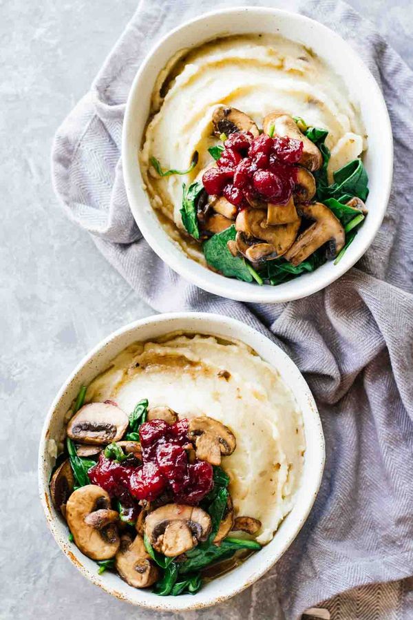 Slow Cooker Mashed Potatoes & Cranberry Mushroom Sauce