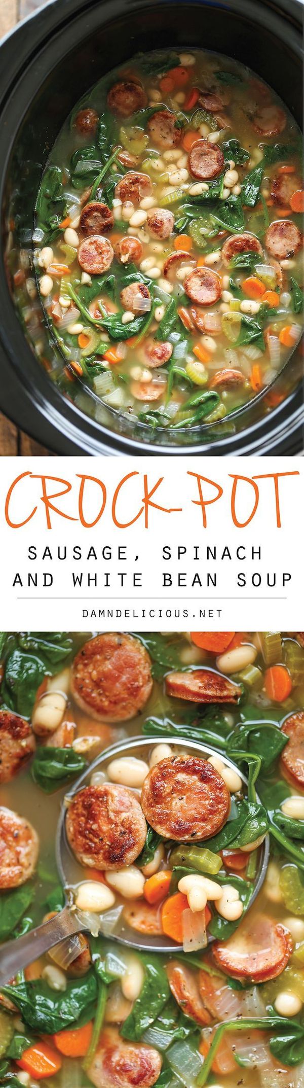 Slow Cooker Sausage, Spinach and White Bean Soup