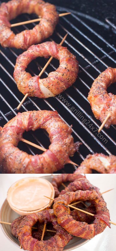 Smoked Bacon Wrapped Onion Rings; Spicy Sriracha Onion Rings