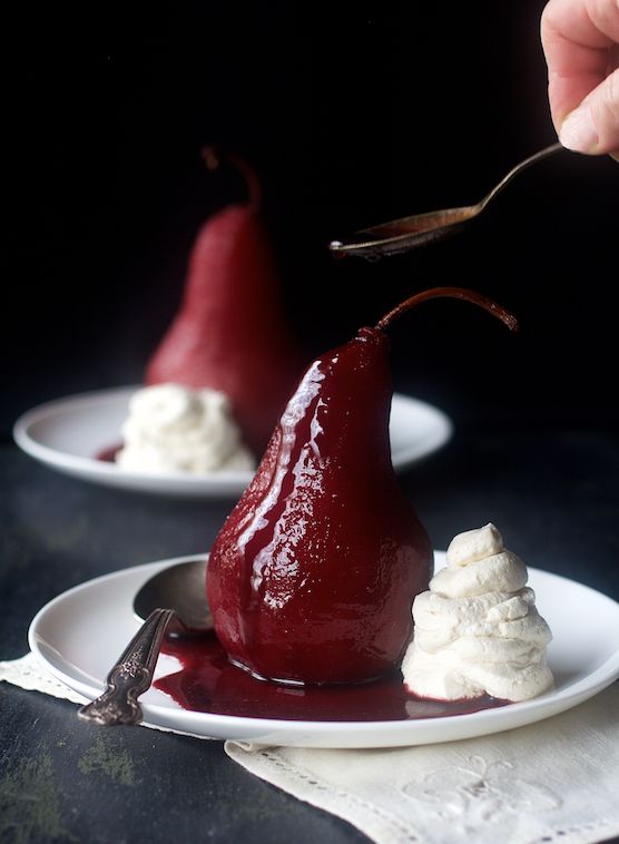 Spiced Red Wine Poached Pears with Vanilla Mascarpone Whipped Cream